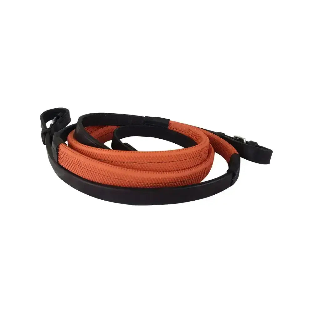 Kriss orange racing reins orange and black woven race reins with padded grip sections for comfortable handling