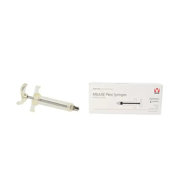 Clear plastic kruuse plexi syringe reusable with metallic plunger and cross handle featuring luer lock design