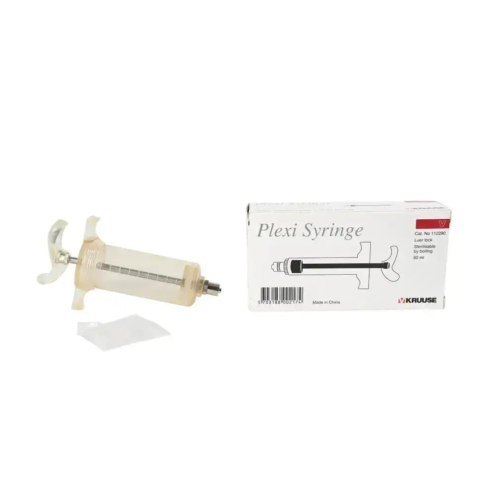Clear plastic kruuse plexi syrings reusable with white plunger and metal luer lock tip for precise dosing