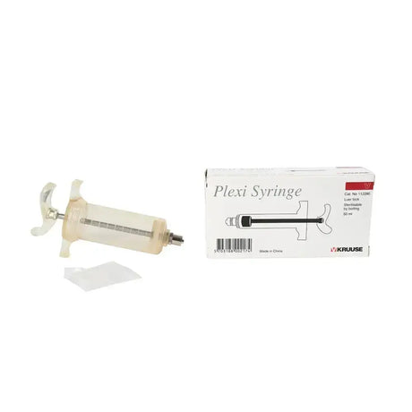 Clear plastic kruuse plexi syrings reusable with white plunger and metal luer lock tip for precise dosing