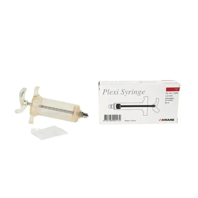 Clear plastic kruuse plexi syrings reusable with white plunger and metal luer lock tip for precise dosing