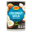 A can of ktc coconut milk with a black label showing coconuts and blue text highlighting its creamy texture