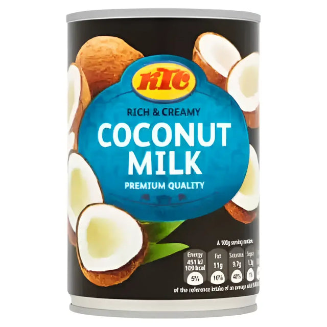 A can of ktc coconut milk with a black label showing coconuts and blue text highlighting its creamy texture