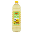 A clear plastic bottle of ktc sunflower oil 1ltr with yellow cap and green sunflower label filled with golden oil
