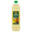 A 1-litre clear plastic bottle of ktc vegetable oil with a green cap and golden-yellow oil inside perfect for cooking