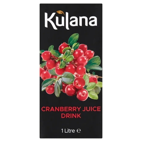 Kulana cranberry juice 1 litre black carton with vibrant red berries and green leaves on the label