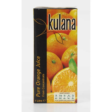 Kulana orange juice 1-litre carton with pure orange concentrate and vibrant orange fruit images and black side panel