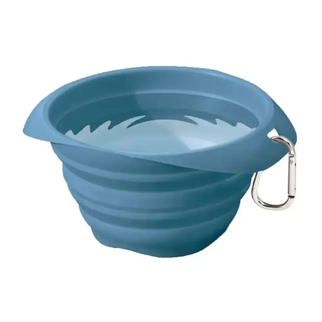 Blue collapsible silicone water bowl with convenient carabiner clip from kurgo collapse-a-bowl perfect dog travel gear