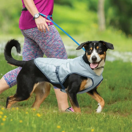 Light gray reflective kurgo core cooling vest icy with black adjustable straps and zipper for extra long hikes