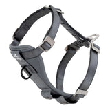 Gray nylon kurgo enhanced strength tru-fit smart harness charcoal with silver metal buckles and d-rings