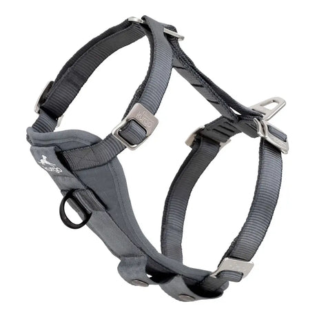 Gray nylon kurgo enhanced strength tru-fit smart harness charcoal with silver metal buckles and d-rings