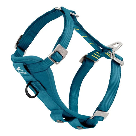 Teal kurgo enhanced strength tru-fit dog harness with silver metal hardware and yellow accent stitching smart harness ink