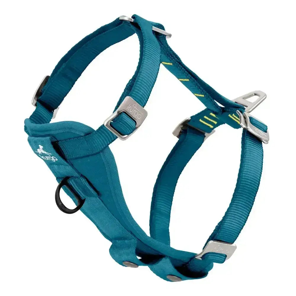 Teal kurgo enhanced strength tru-fit smart harness ink with silver metal hardware and yellow reflective stripes
