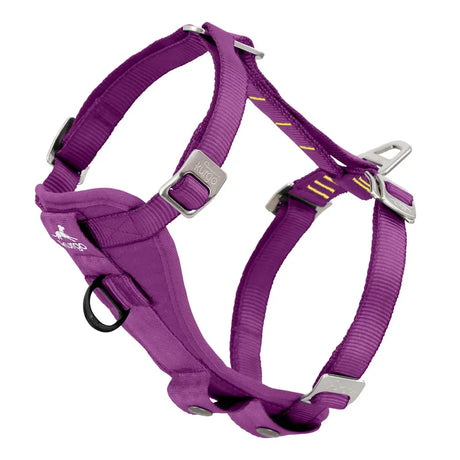 Purple kurgo enhanced strength tru-fit dog harness with silver metal hardware and yellow accent stitching smart harness purple