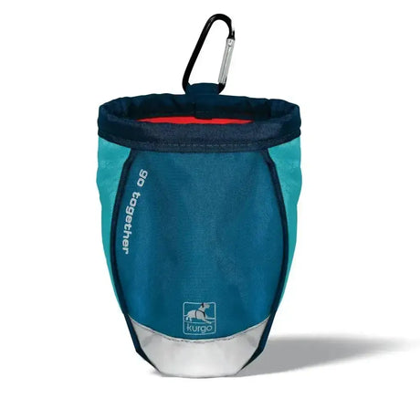 Teal and white kurgo go stuff it treat bag with extra zippered pocket and black plastic belt clip for easy carrying