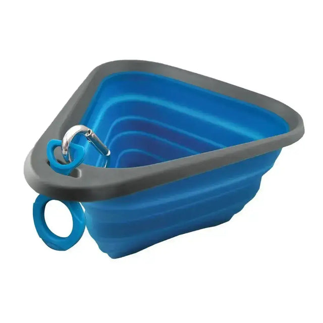 Blue and gray Kurgo mash & stash collapsible silicone dog bowl with carabiner clip for easy travel and storage