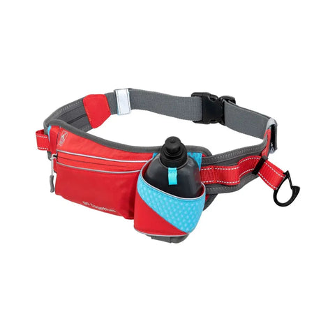 Kurgo on trail running belt in red and blue with sliding lead clips and water bottle holder running belt essential