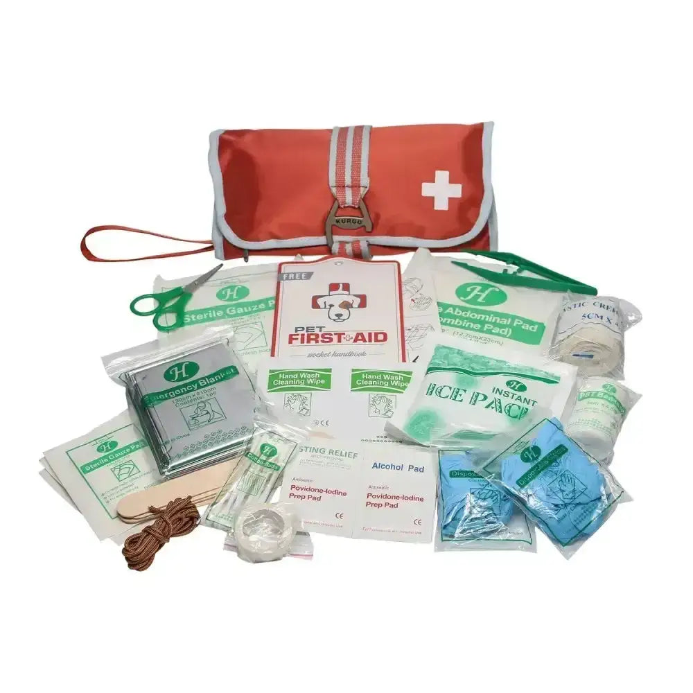 Kurgo pet first aid kit red and white with metal buckle and red cross for treating dogs on road trip