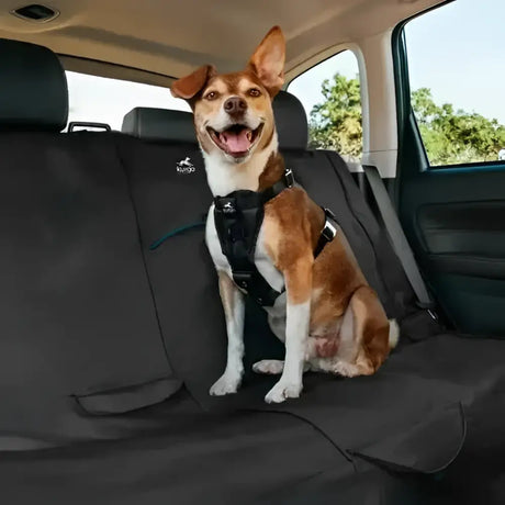 Black kurgo rover bench seat cover with reinforced stitching and small logo on backrest for dog protection