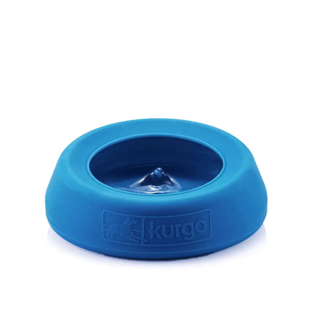 Blue silicone kurgo splash free bowl with central spout prevents splashing for slow controlled pet drinking