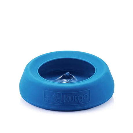 Blue silicone kurgo splash free bowl with central spout prevents splashing for slow controlled pet drinking