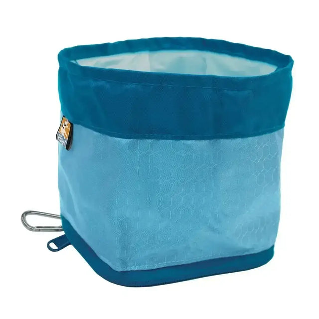 Blue kurgo zippy bowl with mesh fabric and carabiner clip is a waterproof dog bowl that folds for easy travel
