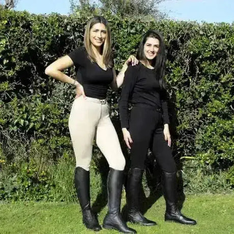 Beige ladies jodhpurs rhinegold essential with fitted silhouette and black belt buckle from rhinegold essential jodhpur range