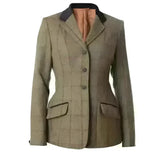 Olive green ladies launton deluxe tweed riding jacket with black collar and brown lining for stylish outdoor riding