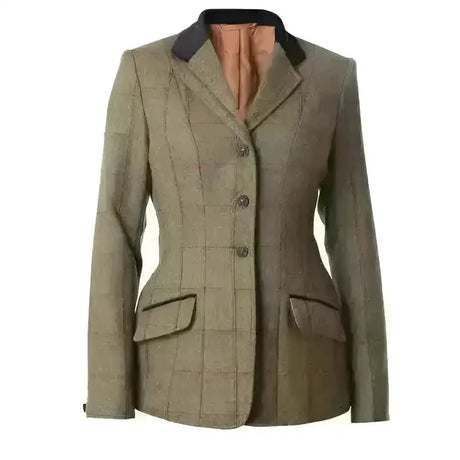 Olive green ladies launton deluxe tweed riding jacket with black collar and brown lining for stylish outdoor riding