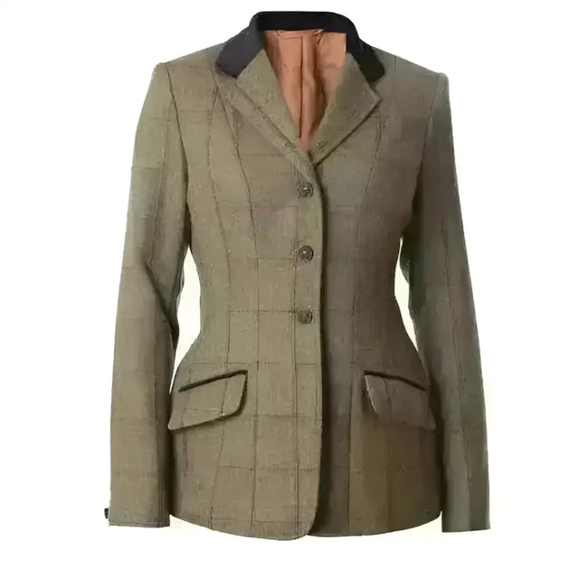 Olive green ladies launton deluxe tweed riding jacket with black collar and brown lining for stylish outdoor riding