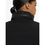 Black ladies team jacket with ribbed high neck collar and subtle embossed lettering team jacket black style