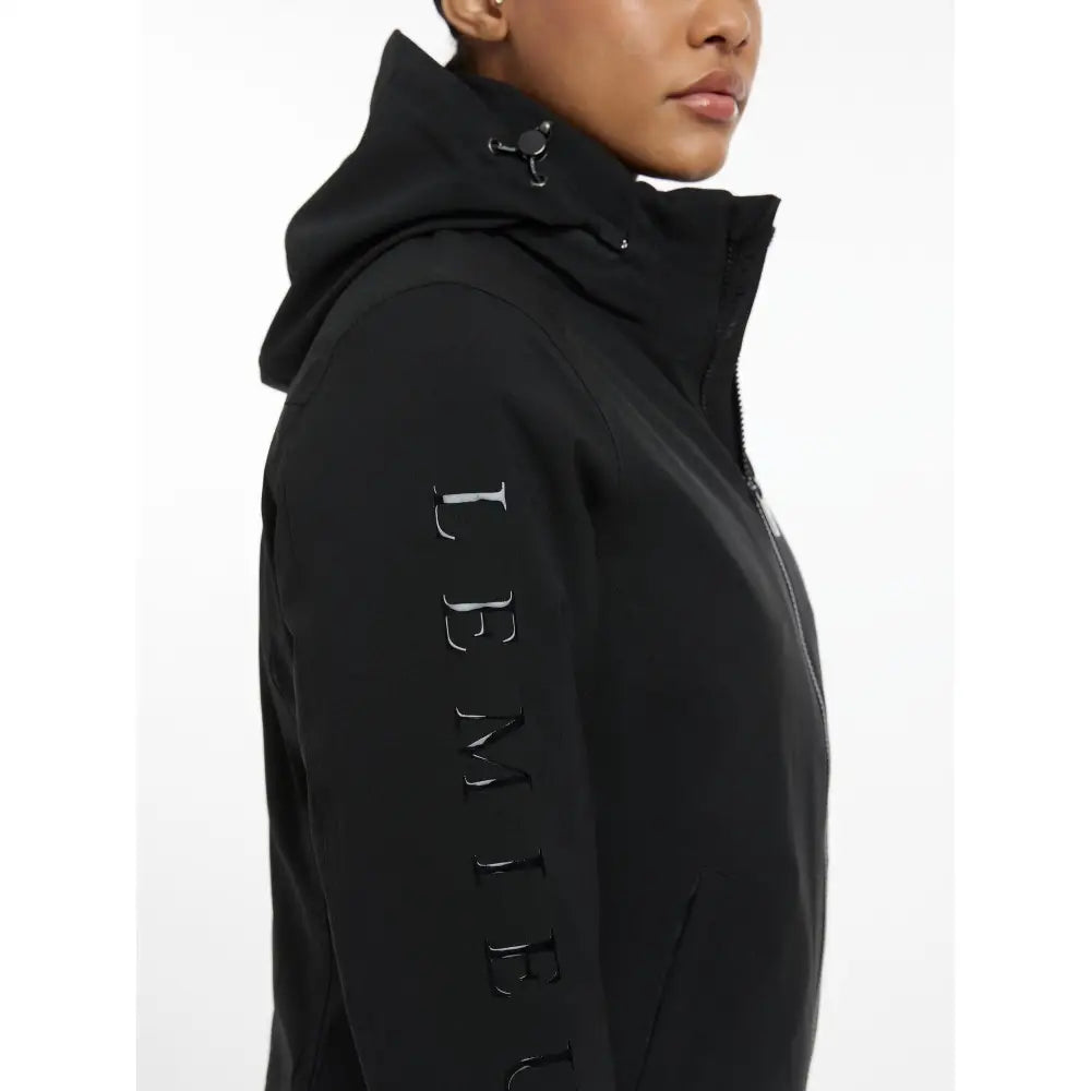 Black hooded ladies team jacket with lemb vertical stitching on sleeve perfect for team jacket black style
