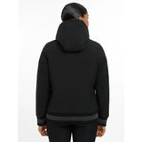 Black hooded ladies team jacket with ribbed cuffs and waistband in a sleek minimalist team jacket black design