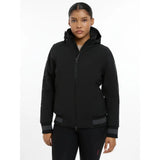 Black hooded zip-up ladies team jacket with subtle gray trim on cuffs and waistband for a sleek modern look