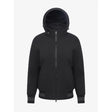 Black hooded ladies team jacket with full-length zipper and subtle branding on the sleeve perfect for team jacket black fans