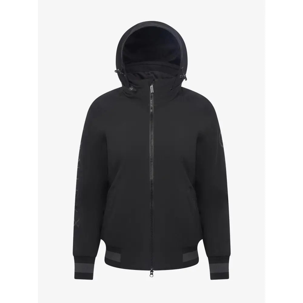 Black hooded ladies team jacket with full-length zipper and subtle branding on the sleeve perfect for team jacket black fans