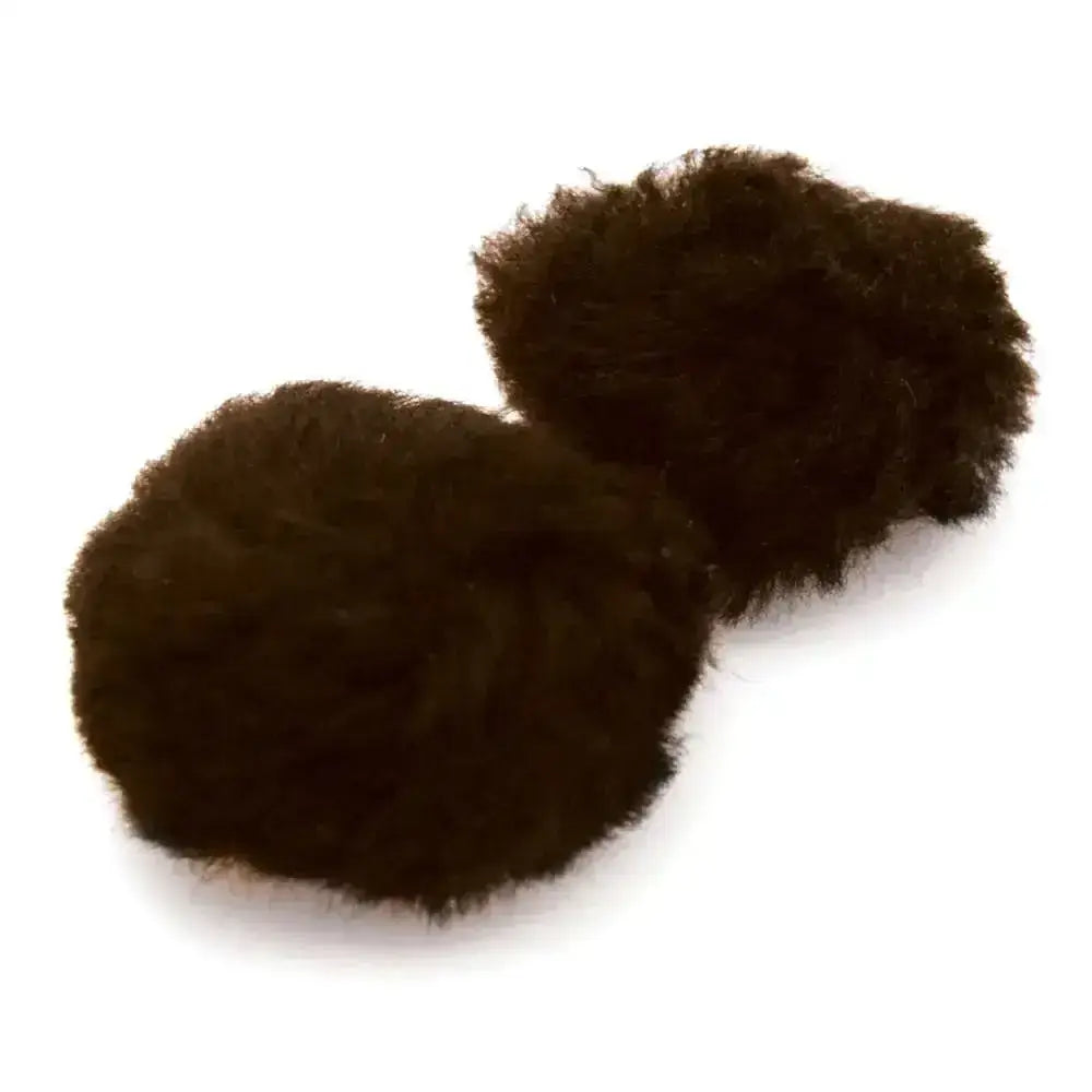 Two fluffy dark brown lambswool ear plugs made of soft textured yarn in mocha sheepskin earplugs style