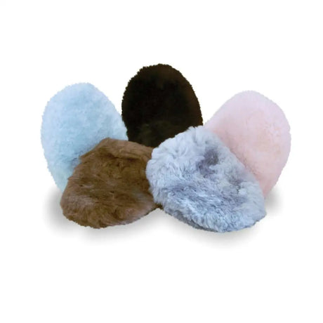 Soft plush lambswool grooming mitt slippers in pastel blue dark brown light pink and grayish blue double sided merino lambswool product