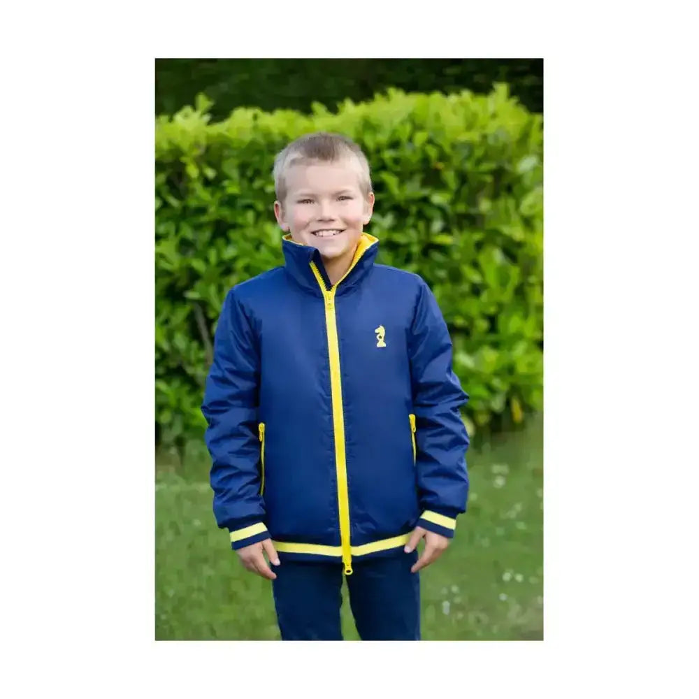 Blue lancelot blouson padded jacket for kids with yellow trim and feather free filling by little knight