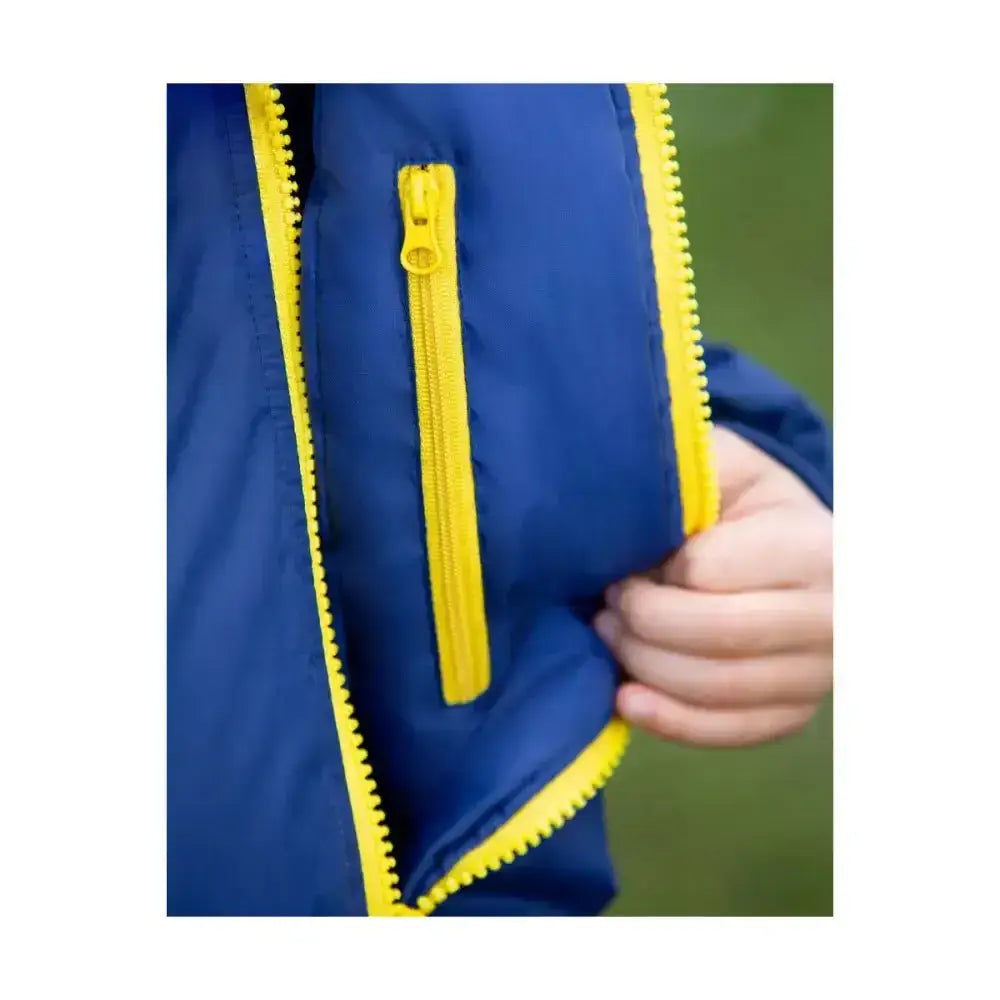 Blue lancelot blouson padded jacket by little knight with bright yellow zipper and feather free filling