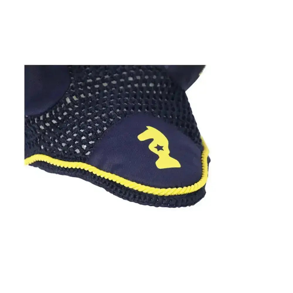 Navy blue mesh lancelot fly veil horse ear bonnet with yellow stitched trim and bright yellow horse logo patch by little knight