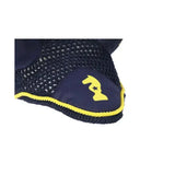Navy blue mesh lancelot fly veil horse ear bonnet with yellow stitched trim and bright yellow horse logo patch by little knight