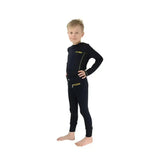 Black long-sleeved wetsuit with yellow zipper accents and silicone breeches by little knight with contrasting yellow top-stitching