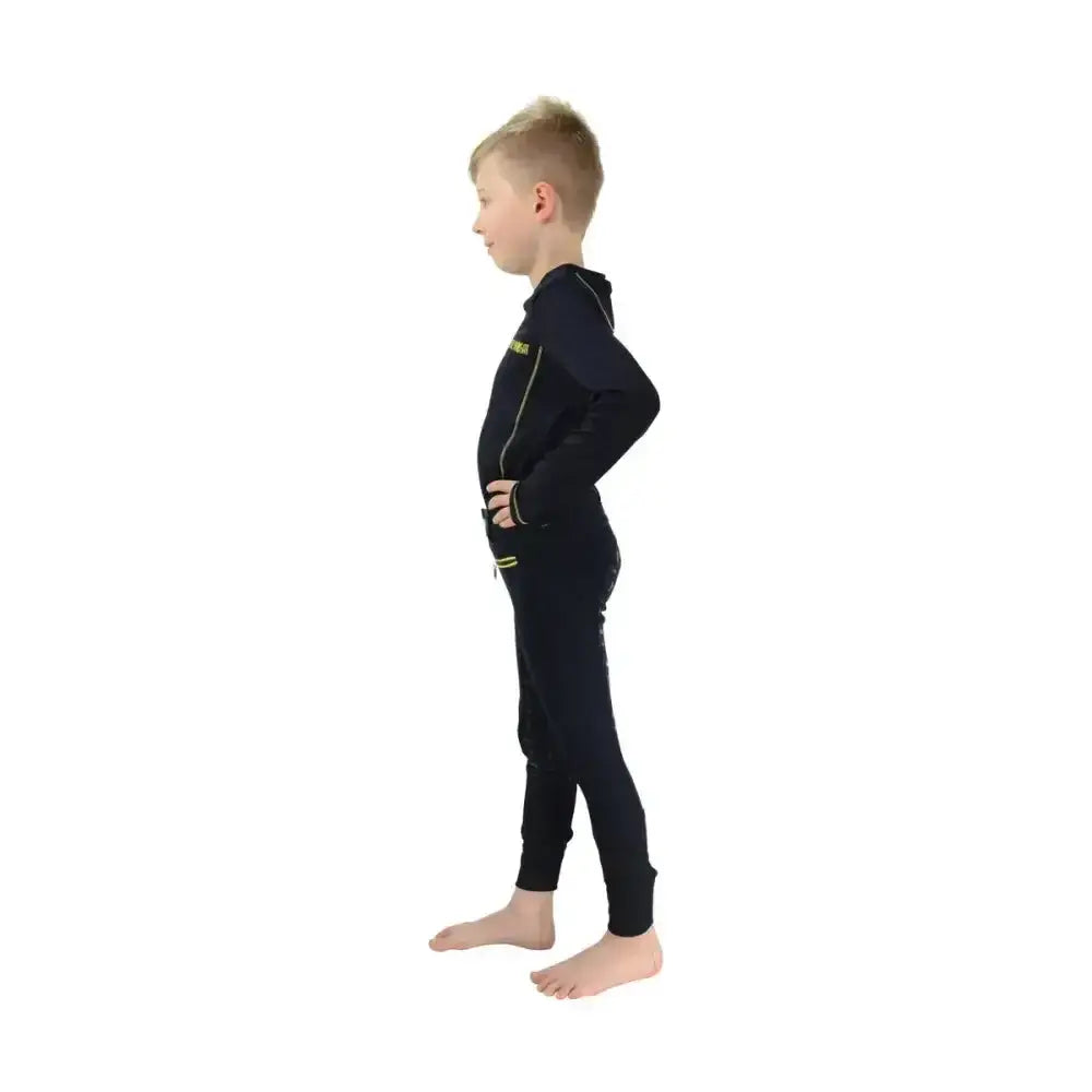 Black one-piece silicone breeches by little knight with neon green zipper and trim details, perfect for active use