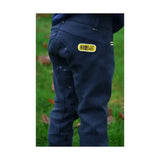 Dark blue lancelot full silicone breeches by little knight with a yellow patch and contrasting yellow top-stitching