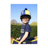 Blue and yellow lancelot hat cover with alternating yellow navy panels and blue pom-pom by little knight