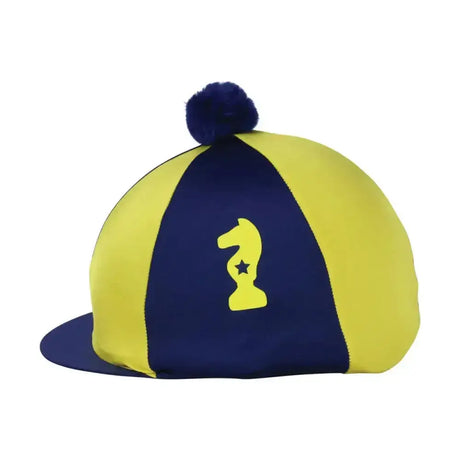 Lancelot hat cover by Little Knight in navy and yellow with plush pom-pom and alternating yellow navy panels design