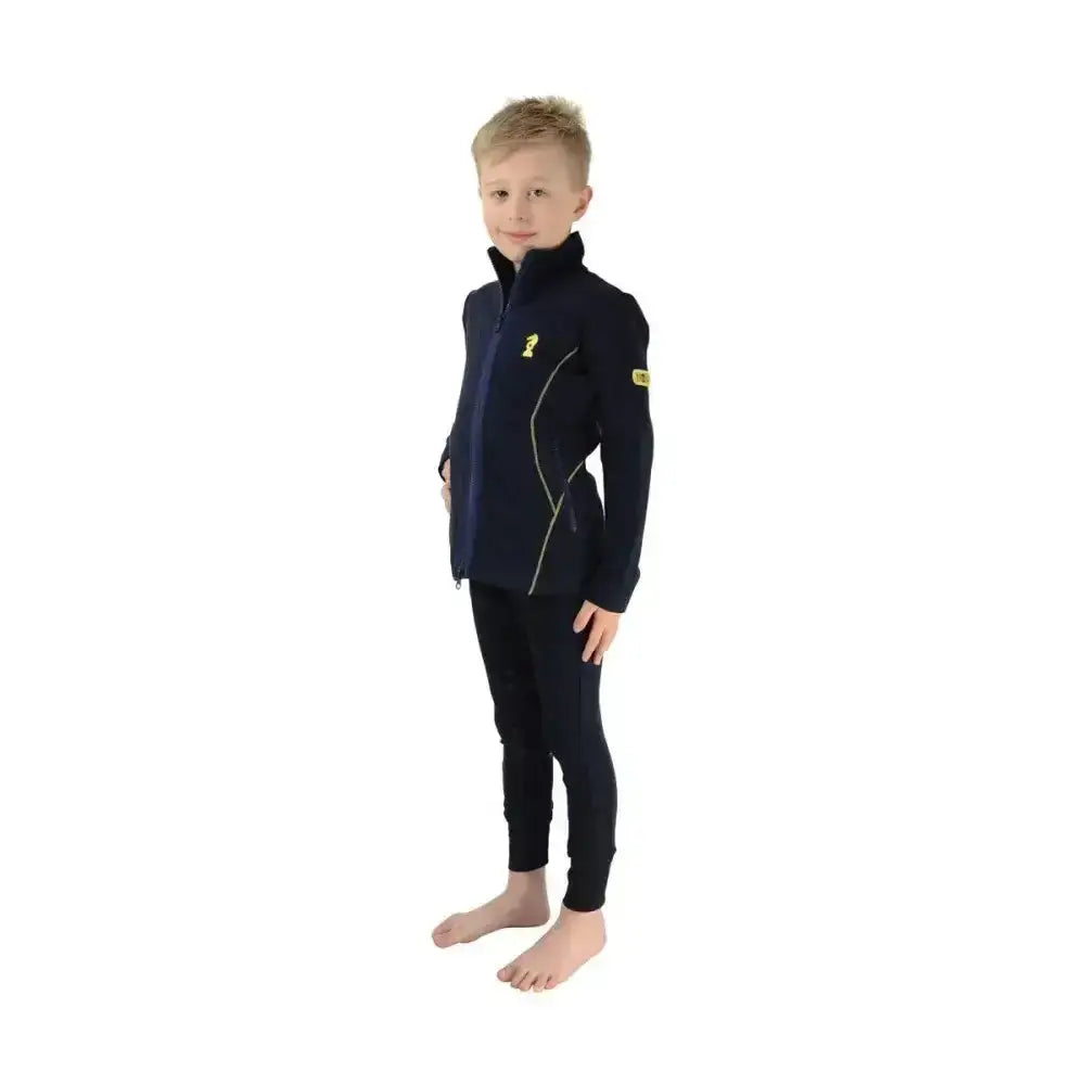 Navy blue lancelot jacket by little knight with contrasting yellow topstitching and knight logo on front