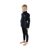 Navy blue lancelot jacket by little knight with contrasting yellow topstitching and knight logo on front