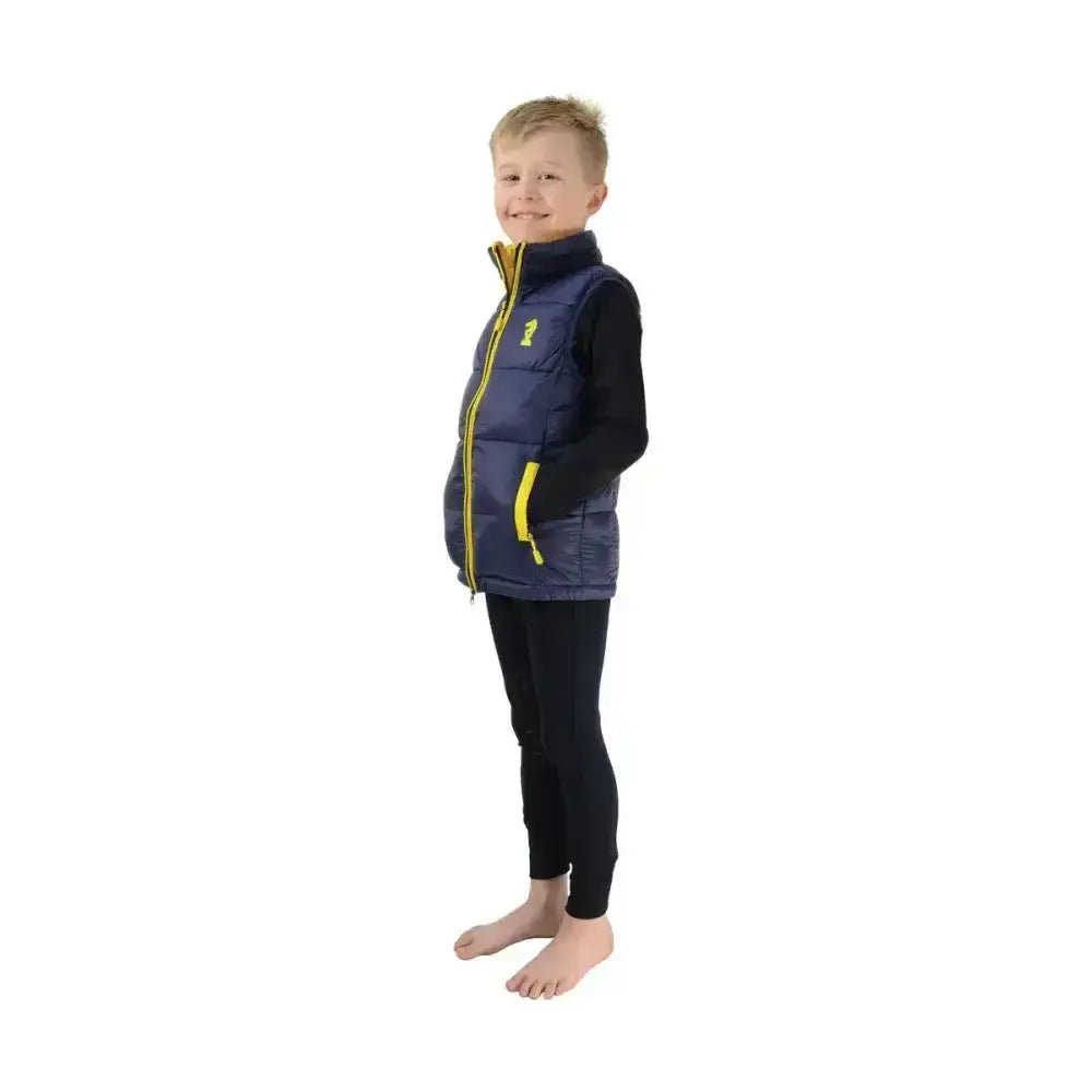 Navy blue lancelot padded gilet by little knight with yellow zipper and trim cut specifically for lightweight warmth